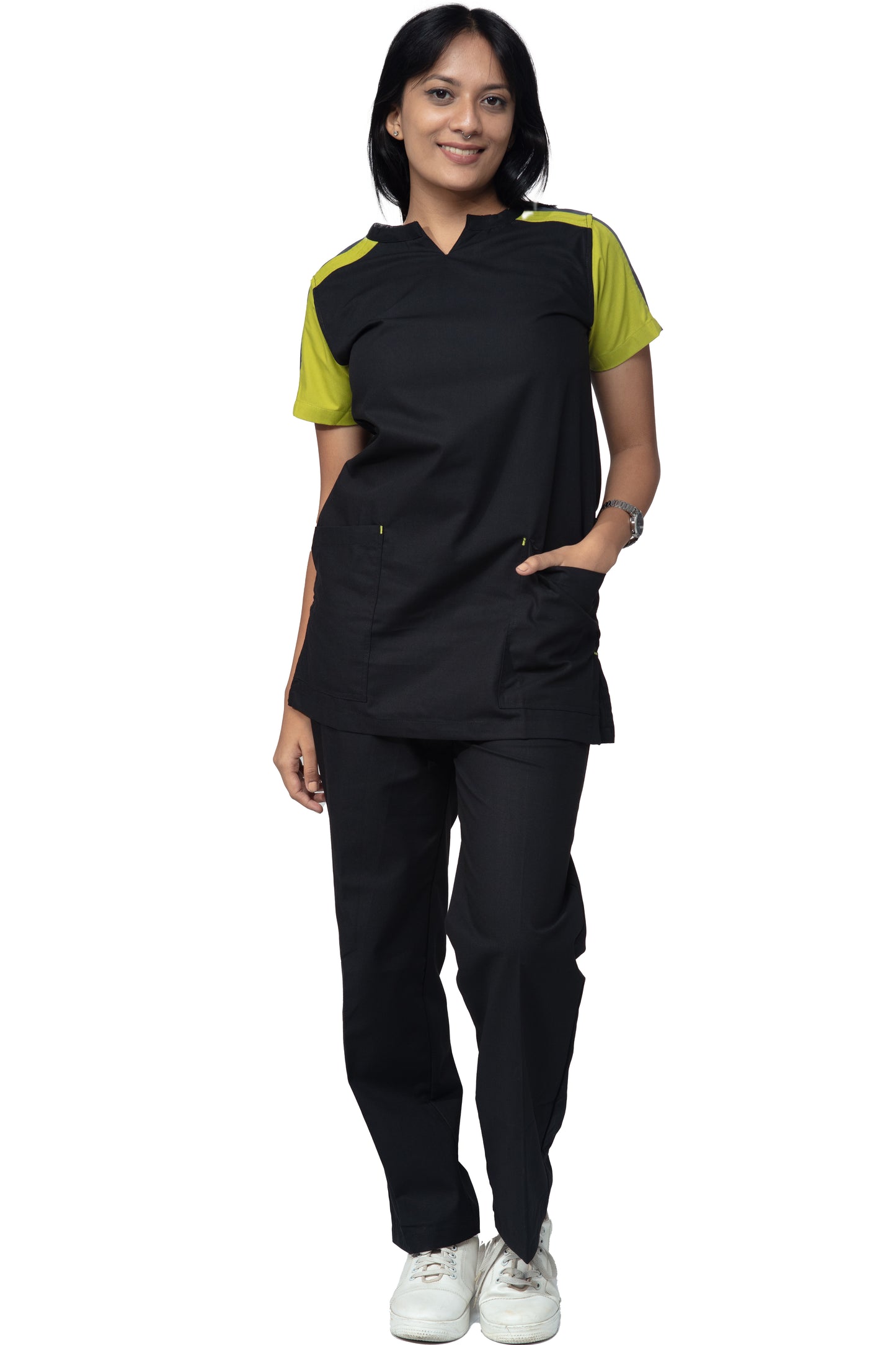 Female Scrub Suit Designer DSDX04 - Black / Lime Green