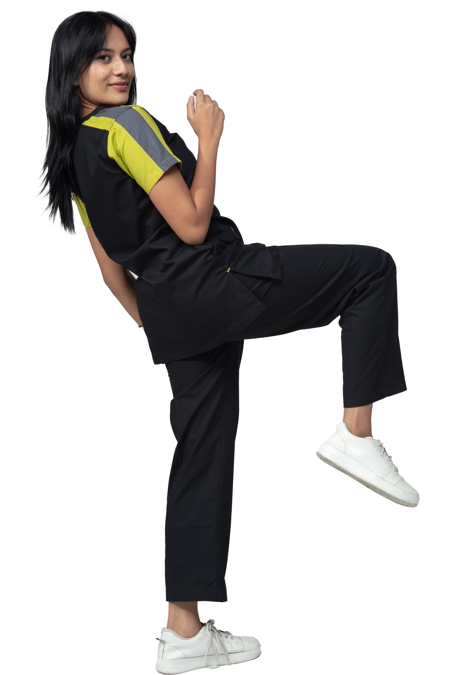 Female Scrub Suit Designer DSDX04 - Black / Lime Green