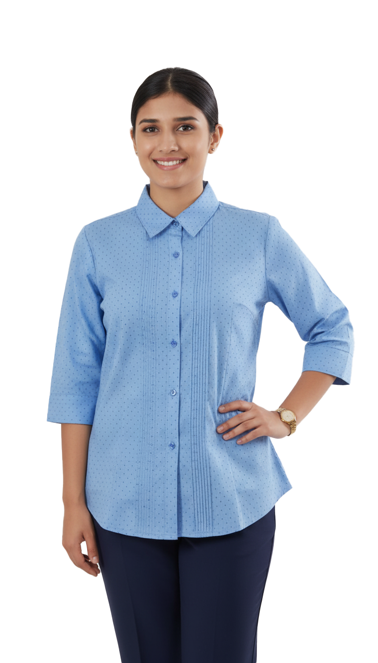 Female Front Office Shirt - Blue Dobby / Pintuck Design