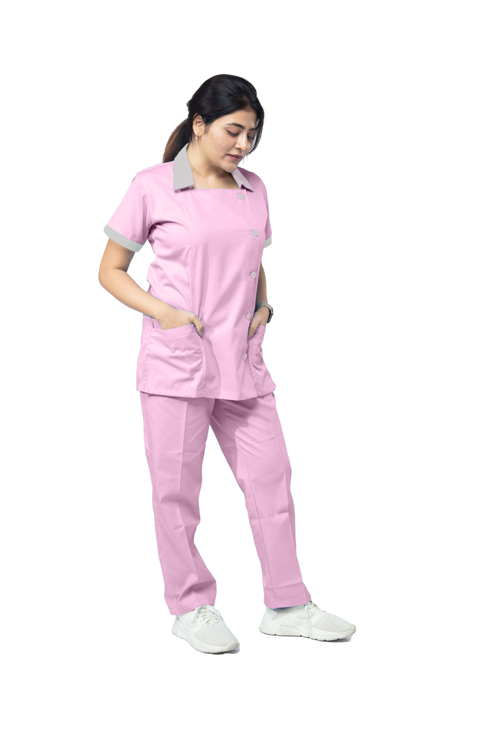 nurse pink dress dGslk DC25 Women's Short Sleeve Button-Front Work Dress, Lightweight Pink Uniform Dress with Pockets for Nurses, Spa, Salon, Hospitality, Medical, and Cleaning Staff